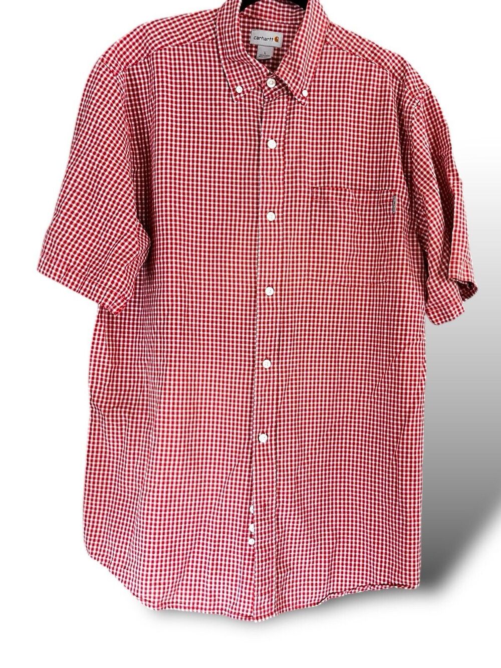 Vintage Carhartt Shirt Men’s Large Red And White Gingham Pocket Short Sleeve